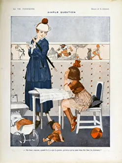 1900s Prints: La Vie Parisienne 1917 1900s France cc reading nannies mothers and daughters nursery