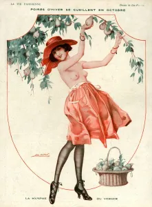 1910s Prints: La Vie Parisienne 1918 1910s France Leo Fontan illustrations erotica picking fruit pears