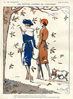 1910s Prints: La Vie Parisienne 1919 1910s France Georges Pavis illustrations walking dogs Autumn