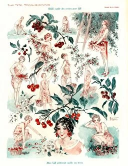 French Artwork Collection: La Vie Parisienne 1920s France A. Vallee cc cherry picking fruit orchards gardening