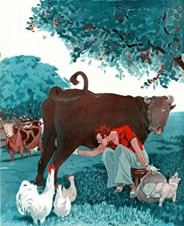 French Artwork Collection: La Vie Parisienne 1920s France cc milking cows farming animals farms chickens milk maids