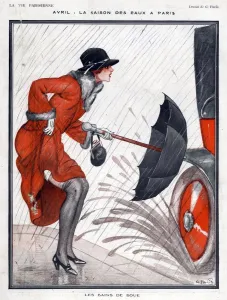 Nineteen Twenties Prints: La Vie Parisienne 1920s France G Pavis illustrations umbrellas parasols raining