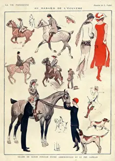 French Artwork Prints: La Vie Parisienne 1920s France L Vallet illustrations woman women riding horses fox