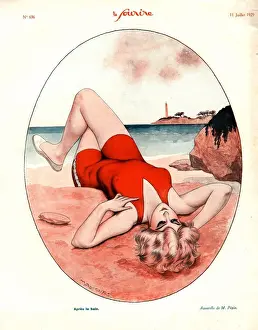 French Artwork Prints: Le Sourire 1929 1920s France holidays glamour sunbathing seaside womens swimwear