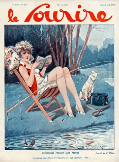 French Artwork Prints: Le Sourire 1930 1930s France magazines fishing reading books dogs illustrations dog book