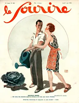 French Artwork Prints: Le Sourire 1930 1930s France watering cans vegetables couples magazines horticulture