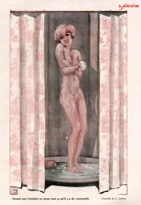 French Artwork Prints: Le Sourire 1930s France erotica showers naked nudes nudity boudoir illustrations