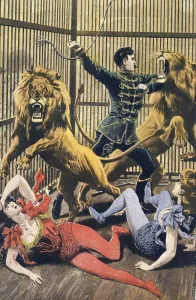 Books Prints: In The Lions Cage 1910s UK lion tamers lions dangerous disasters cages
