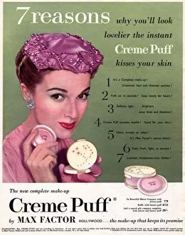 Advertise Collection: Max Factor 1950s UK creme puff foundation powder make-up makeup hats womens clothing