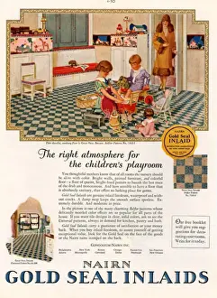 Nairn 1920s USA CC interiors kitchens flooring lino gold seal inlaids playing woman women
