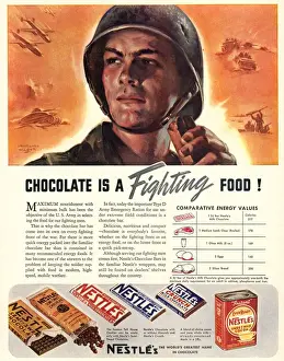 Ww 2 Prints: Nestles 1940s USA propaganda chocolate sweets WW2 Chocolate Is A Fighting Food