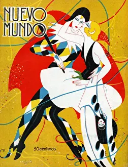 Spanish Artwork Prints: Nuevo Mundo 1927 1920s Spain cc magazines carnivals masquerade clowns pierrot kissing