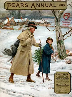 1900s Prints: Pears Annual 1909 1900s UK cc turkeys holly winter snow fathers sons