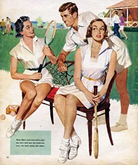 Story Illustrations Collection: Tennis 1953 1950s UK Maudson tennis players flirting gossips gossiping mens womens