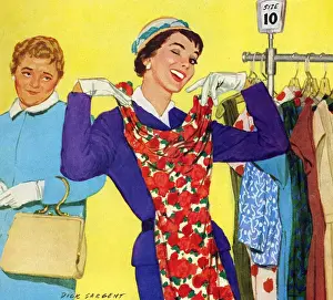 British Prints: Trying on dresses 1950s UK woman shopping womens dresses