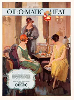 Williams Oil-O-Matic Heating 1928 1920s UK cc oil heaters heating afternoon tea Williams Oil-O-Matic Heating 1928 1920s UK cc oil heaters heating afternoon tea