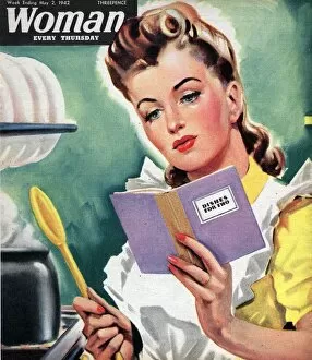 1940's Collection: Woman 1942 1940s UK cooking women at war housewives reading recipes housewife woman
