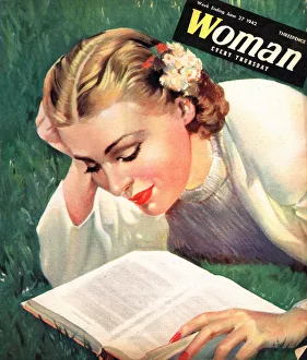Woman 1942 1940s UK people reading book books women magazines Woman 1942 1940s UK people reading book books women magazines