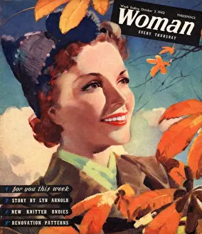 Woman 1942 1940s UK seasons autumn leaves magazines
