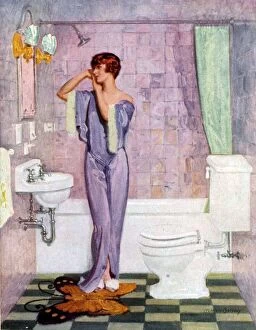 Nineteen Thirties Collection: Woman in Bathroom 1930s UK cc cc interiors bathrooms toilets womens nightdresses