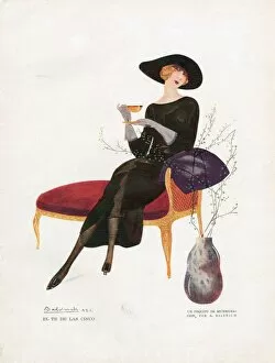 Spanish Artwork Collection: Woman Drinking Tea 1921 1920s Spain cc drinking tea afternoon furniture chaise longue