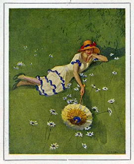 Woman on lawn with daisies 1929 1920s France cc relaxing sunbathing umbrellas hats Woman on lawn with daisies 1929 1920s France cc relaxing sunbathing umbrellas hats