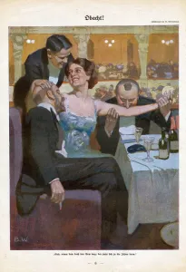 Nineteen Twenties Prints: Woman with suitors in restaurant 1920s Germany cc flirting restaurants suitors admirers