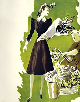 Clothes Clothing Prints: Womens Fashion 1930s 1939 1930s UK flowers flower sellers womens
